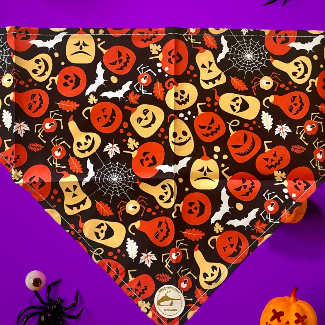 Bandana Halloween per cani nera con zucche, ragnatele e pipistrelli