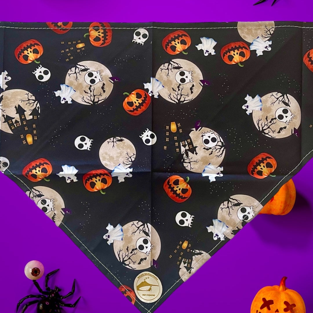 Bandana Halloween per cani nera con zucche, luna e castello