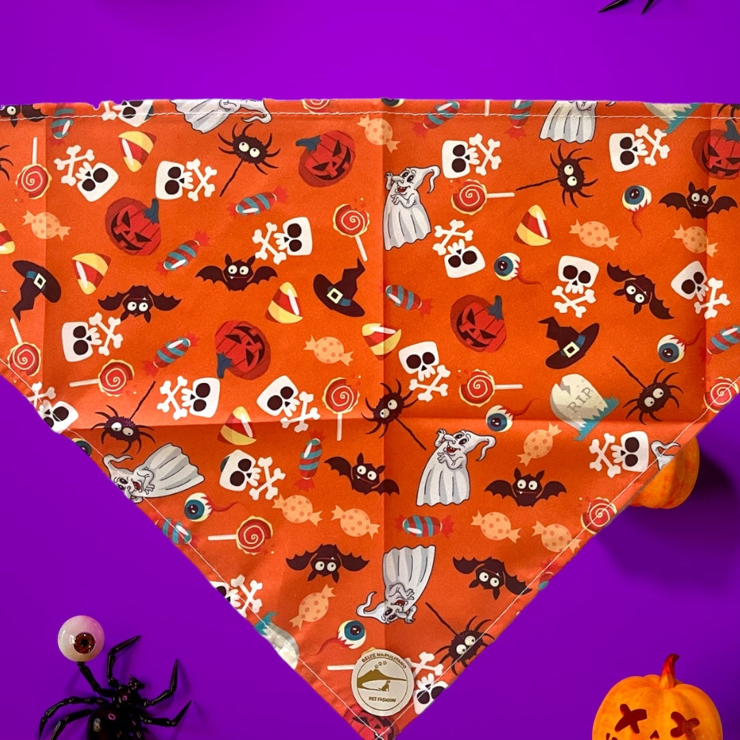 Bandana Halloween per cani arancione con fantasmini, ragni e scheletrini.