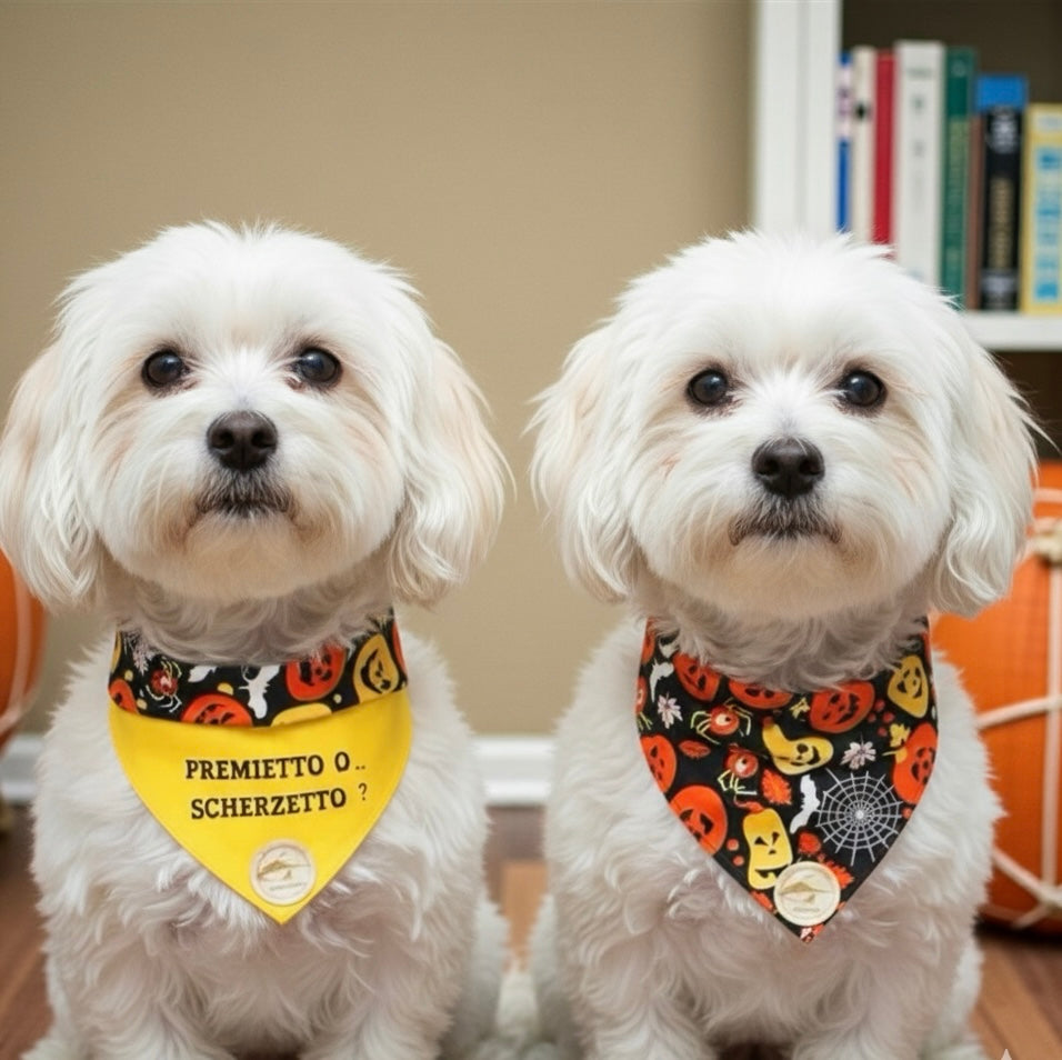 Bandana Cane Double-Face Halloween con Zucche e Scritta “Premietto o Scherzetto”