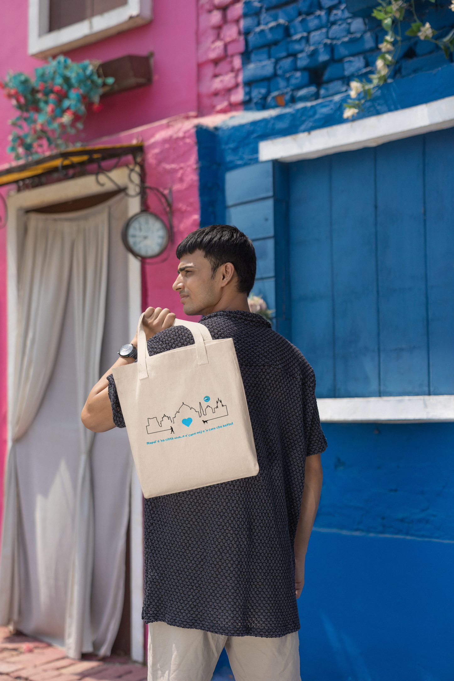 Borsa Tote uomo Riciclata "Napoli Skyline & Cane" – Design Esclusivo & 80% Cotone Eco