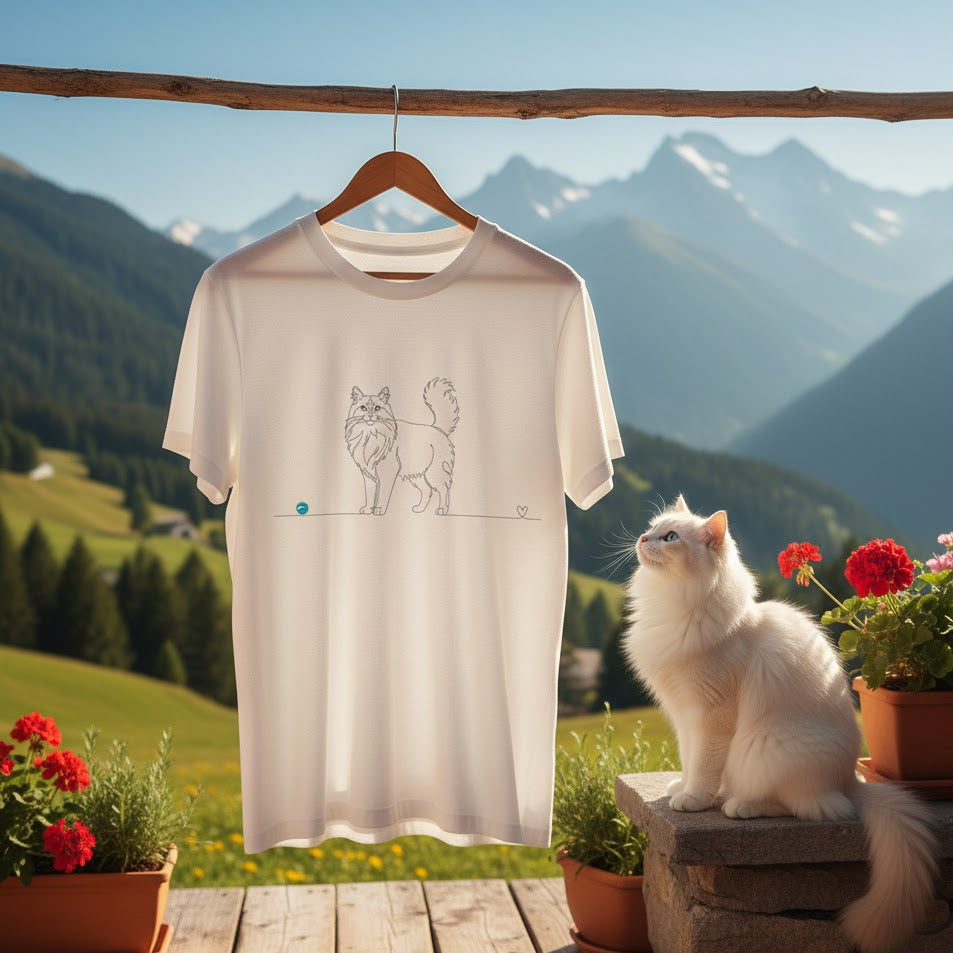 t-shirt line art gatto a pelo lungo