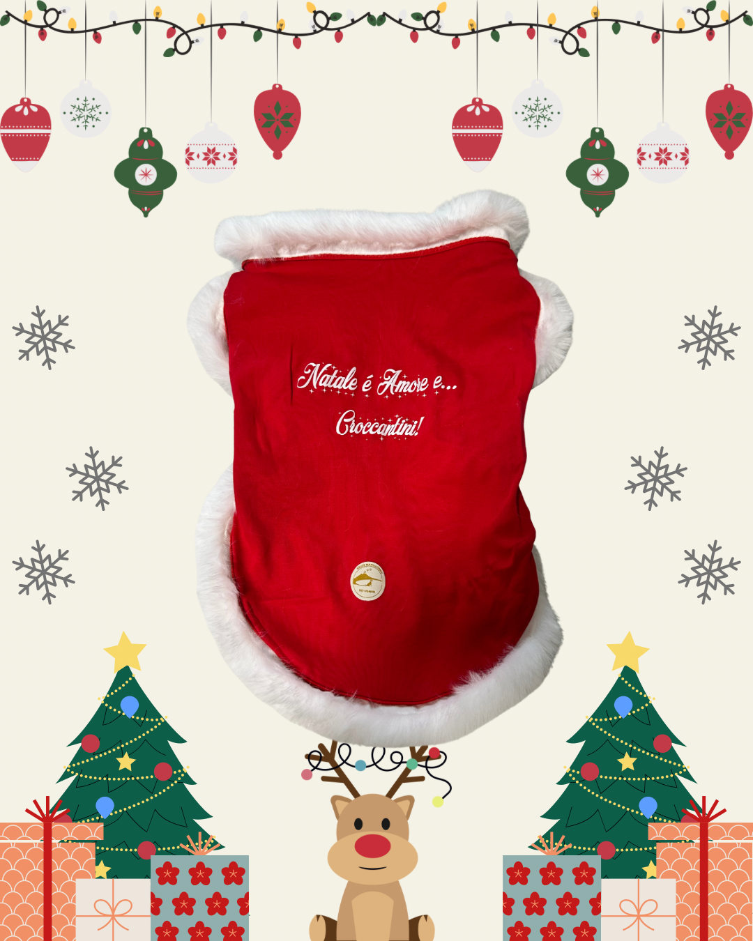 Maglia natalizia stile Babbo Natale con scritta stampata: “ Natale è amore e.. croccantini!”