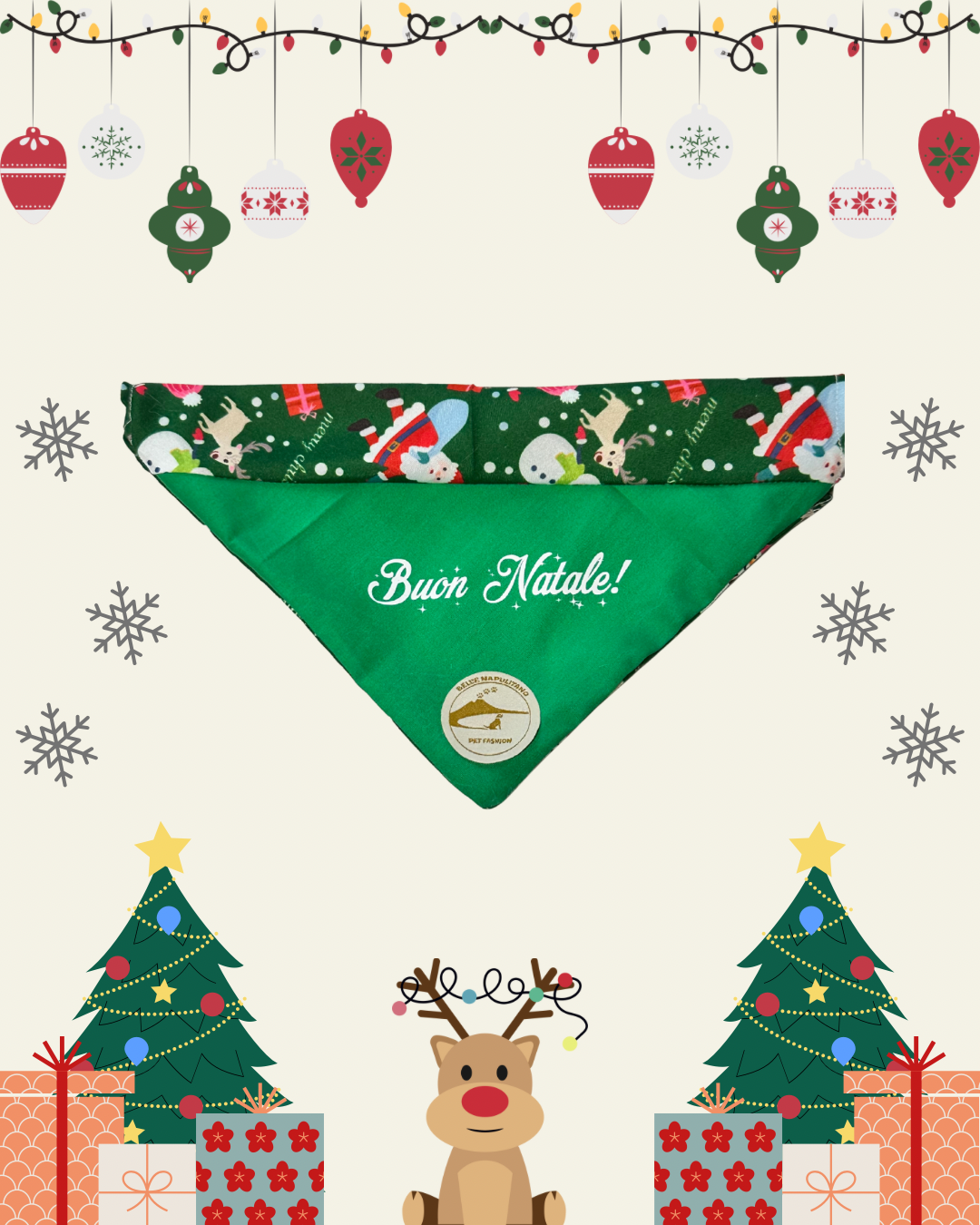 Bandana Natalizia sartoriale double-face per cani verde con tessuto fantasia con Babbi Natale, pupazzi di neve e renne e con scritta “Buon Natale!” stampata