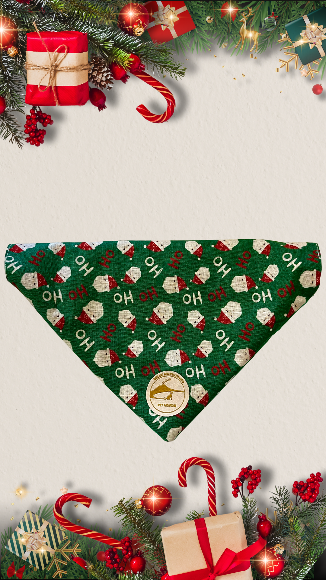 Bandana natalizia sartoriale double-face per cani verde con babbi Natale - Personalizzabile