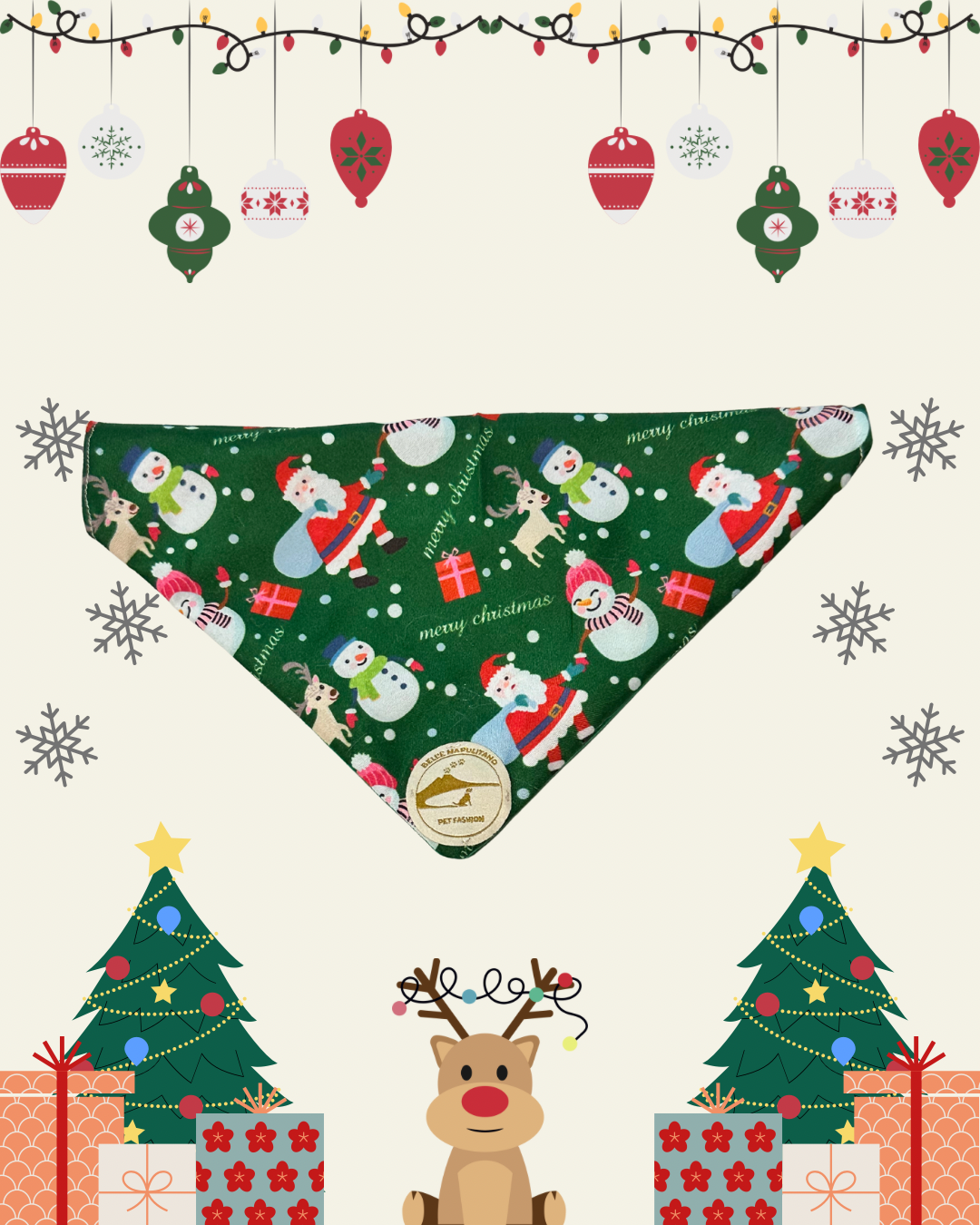 Bandana Natalizia sartoriale double-face per cani verde con tessuto fantasia con Babbi Natale, pupazzi di neve e renne e con scritta “Buon Natale!” stampata