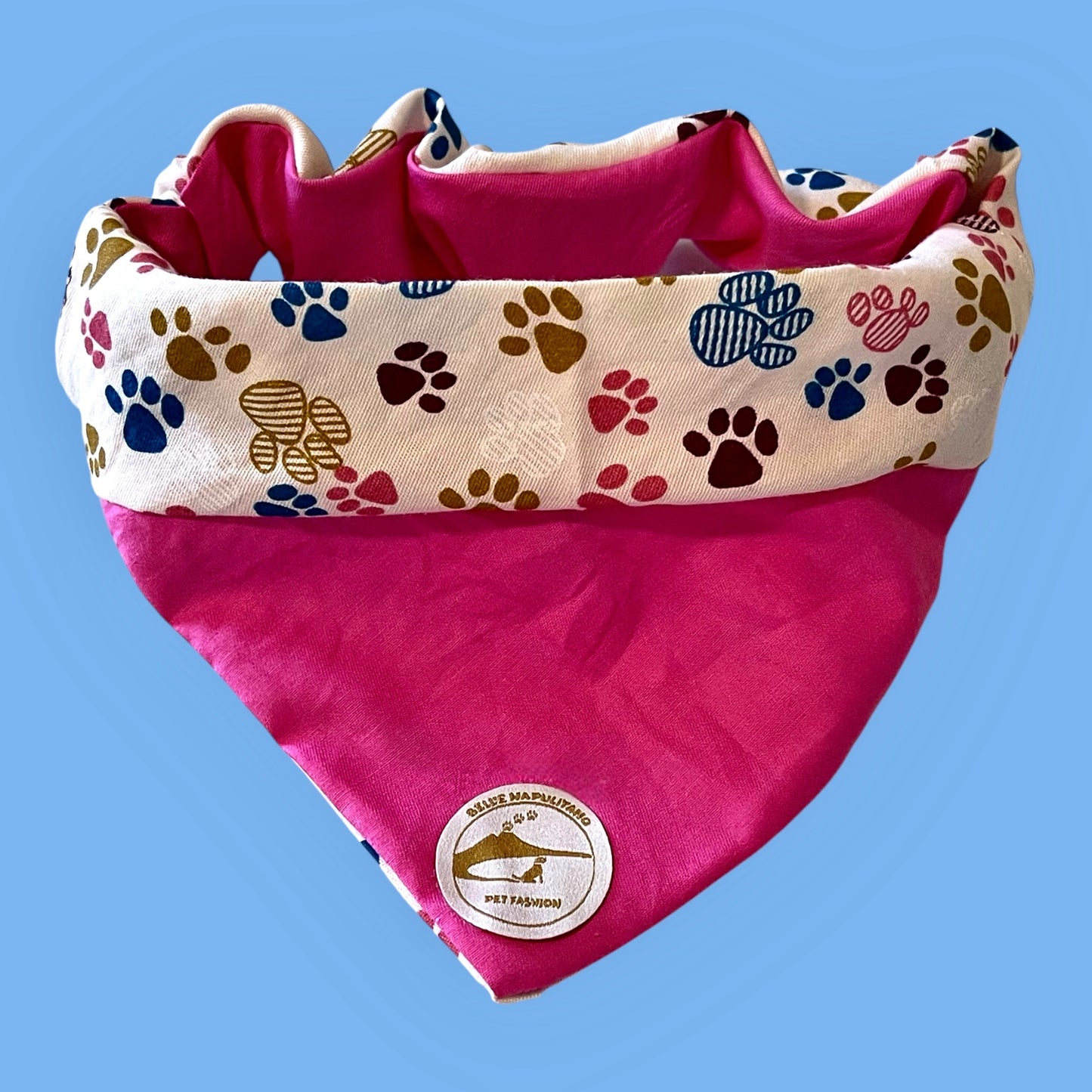 Bandana per Cani rosa con fantasia di zampette multicolor, Double-Face e Personalizzata