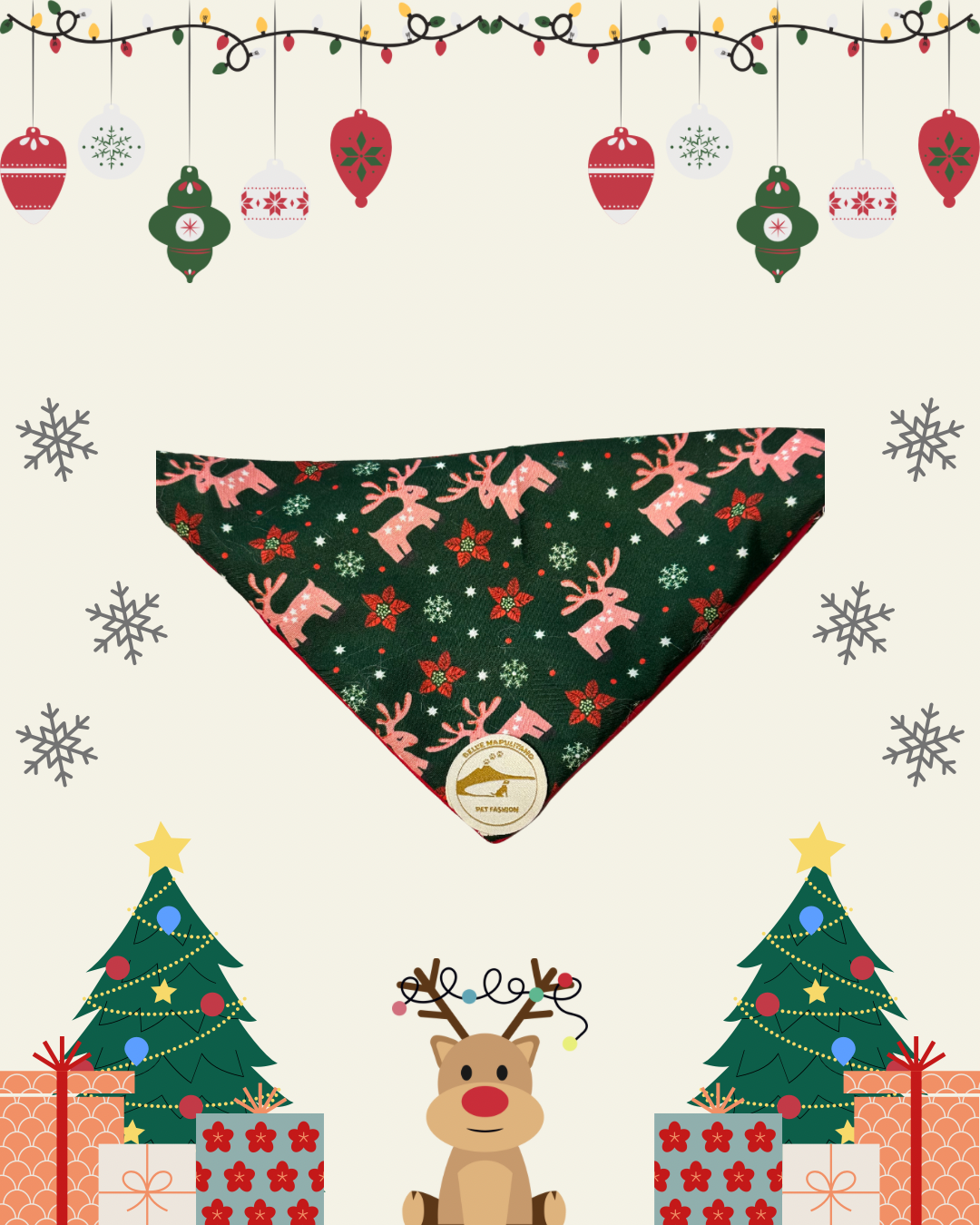 Bandana Natalizia sartoriale double-face per cani rossa e tessuto fantasia verde con renne con scritta “Buon Natale!” stampata