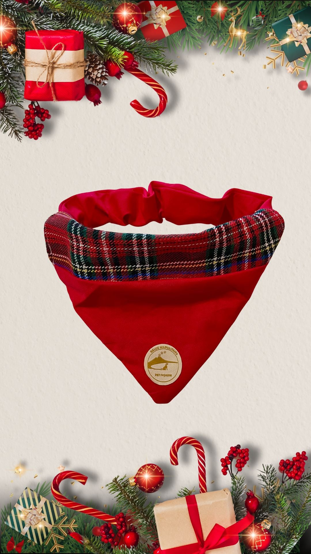 Bandana natalizia sartoriale double-face per cani in tessuto Tartan - Personalizzabile