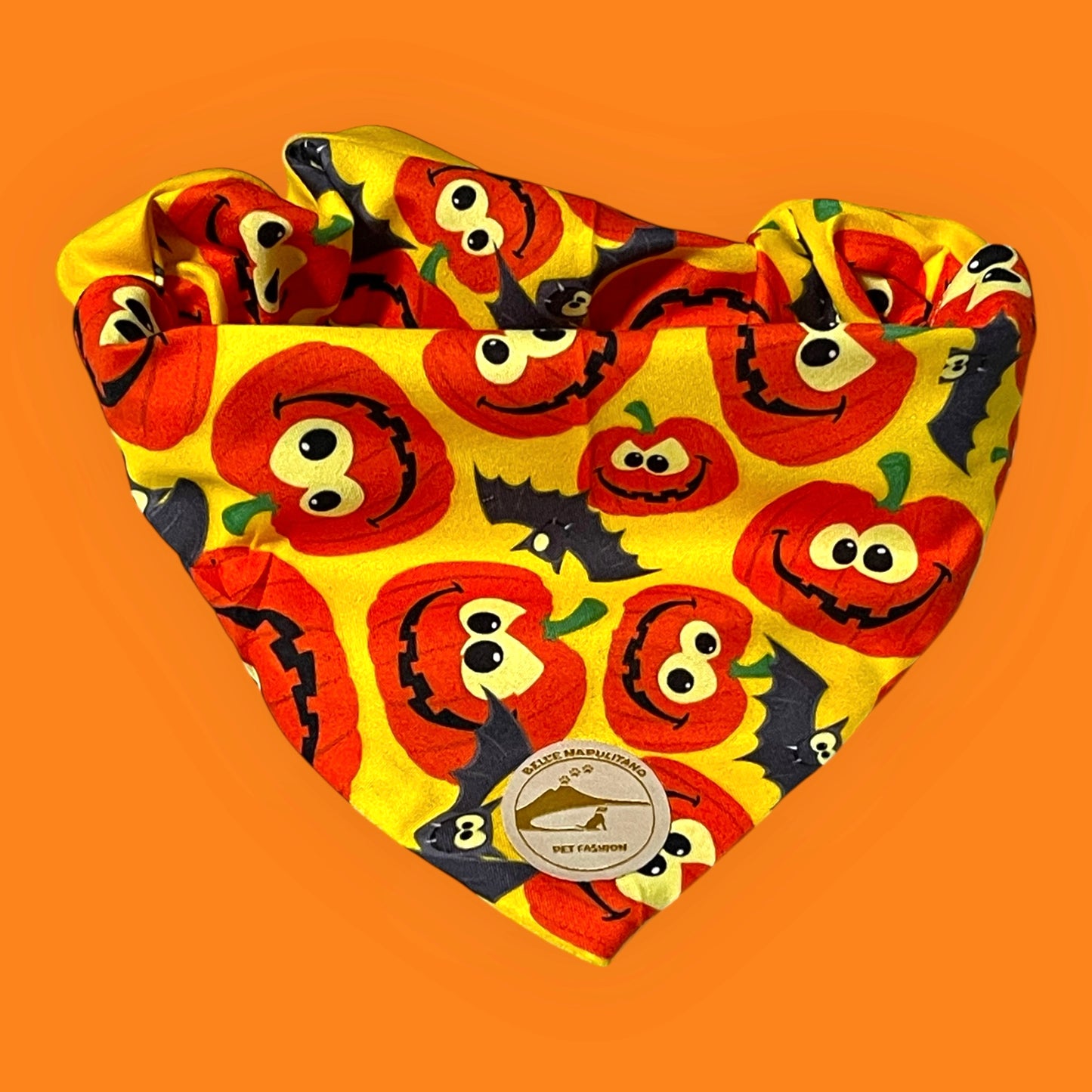 Bandana Cane Double-Face Gialla Halloween: Zucche, Pipistrelli e “Premietto o Scherzetto”