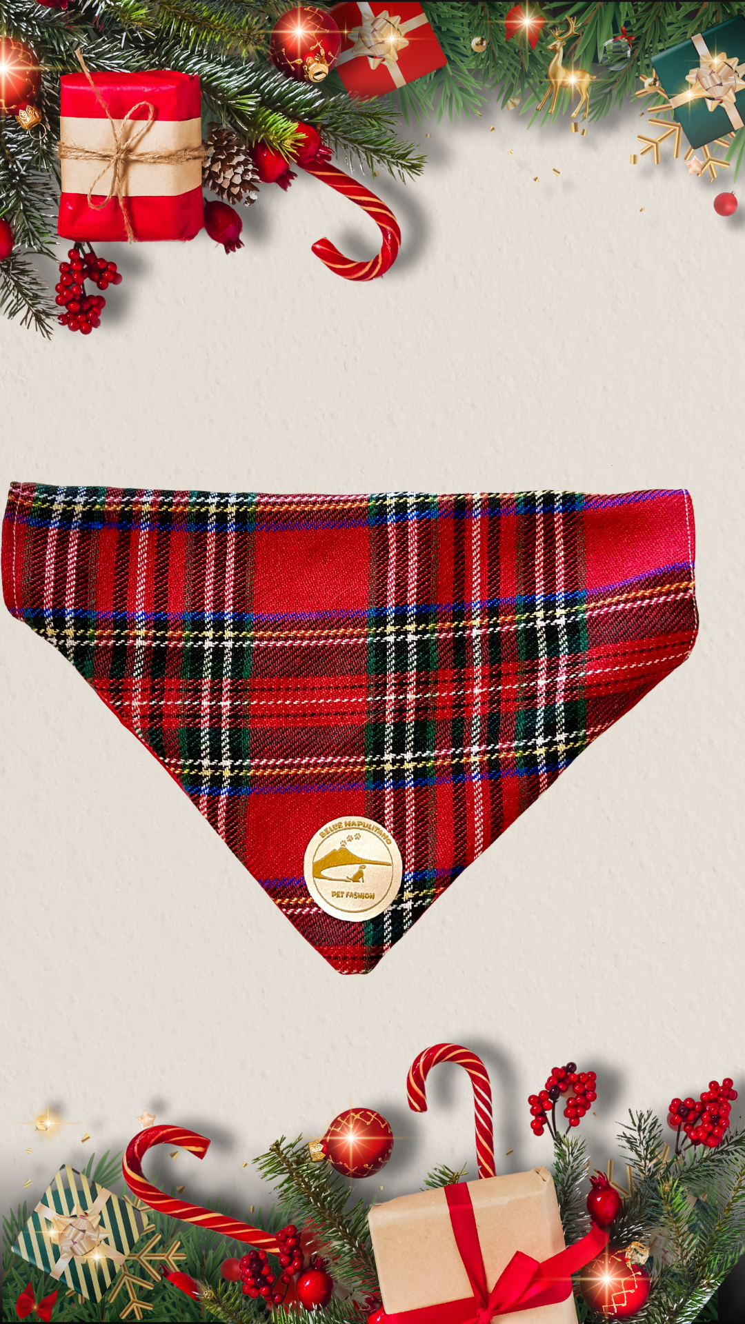 Bandana natalizia sartoriale double-face per cani in tessuto Tartan - Personalizzabile