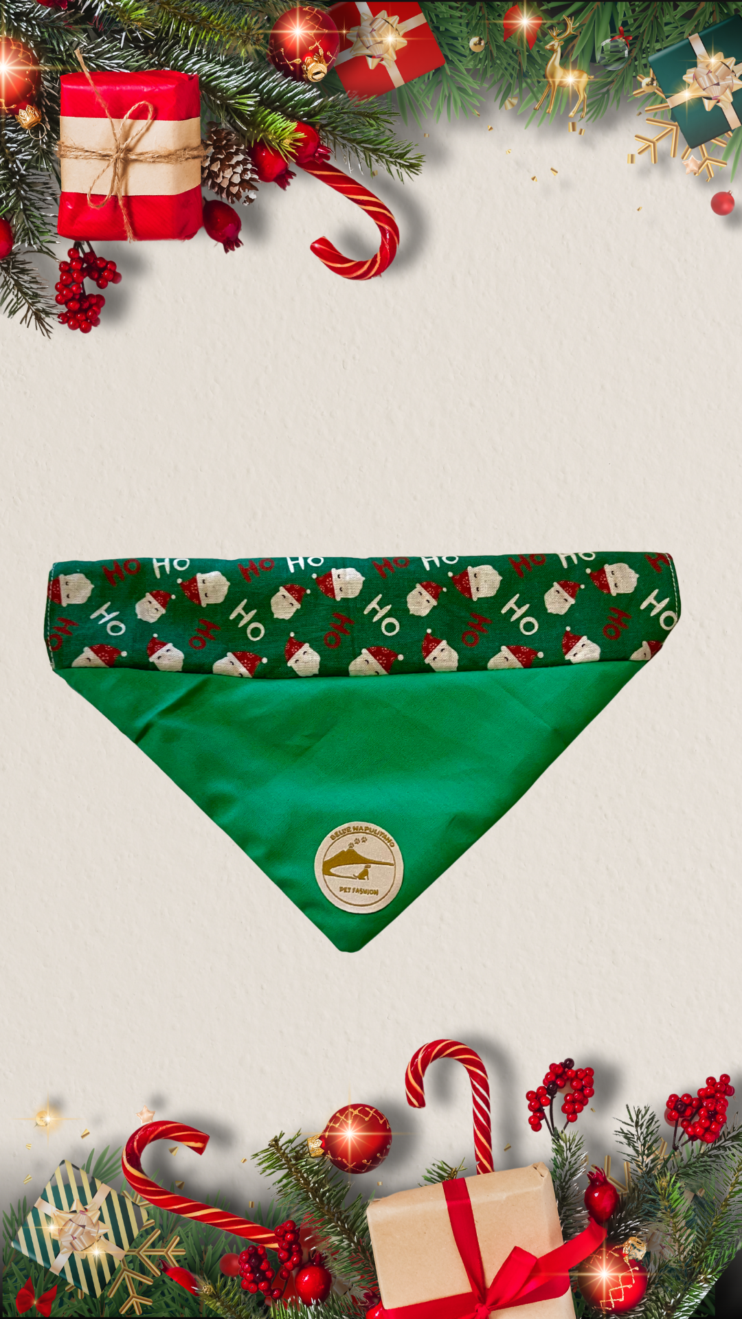 Bandana natalizia sartoriale double-face per cani verde con babbi Natale - Personalizzabile