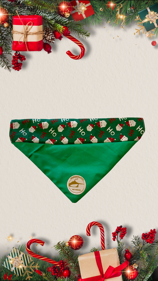 Bandana natalizia sartoriale double-face per cani verde con babbi Natale - Personalizzabile