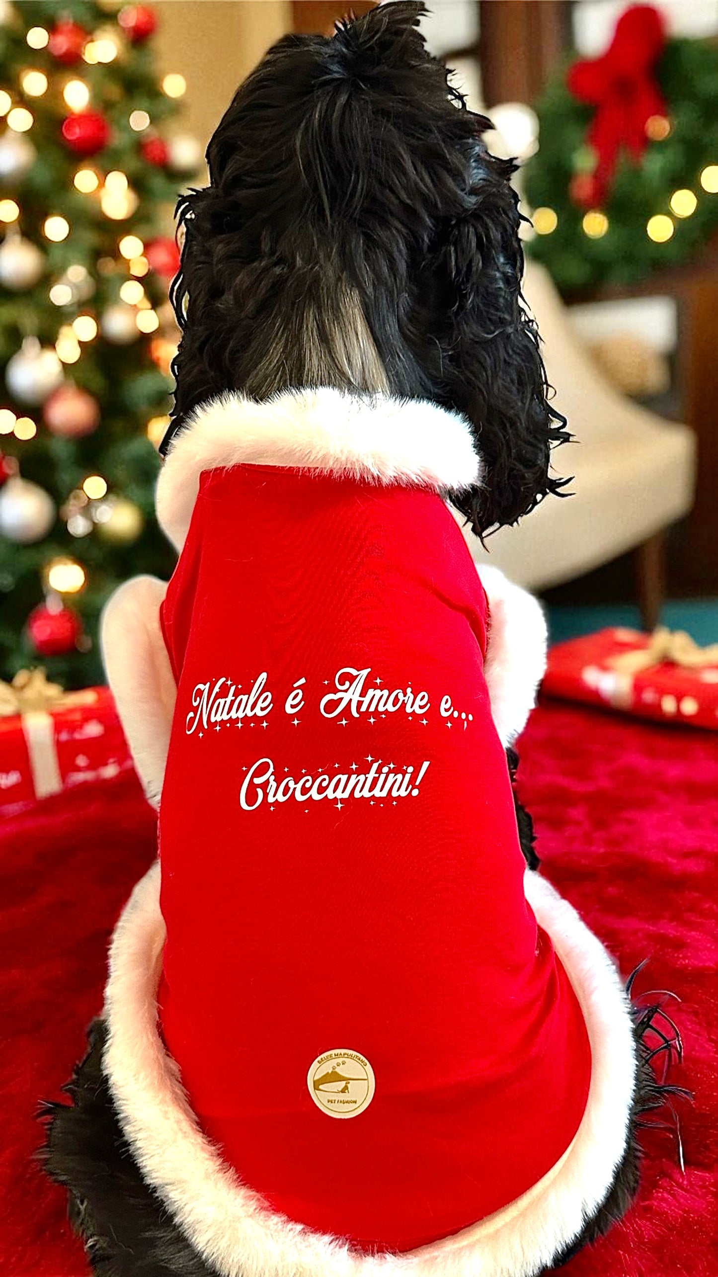 Maglia natalizia stile Babbo Natale con scritta stampata: “ Natale è amore e.. croccantini!”