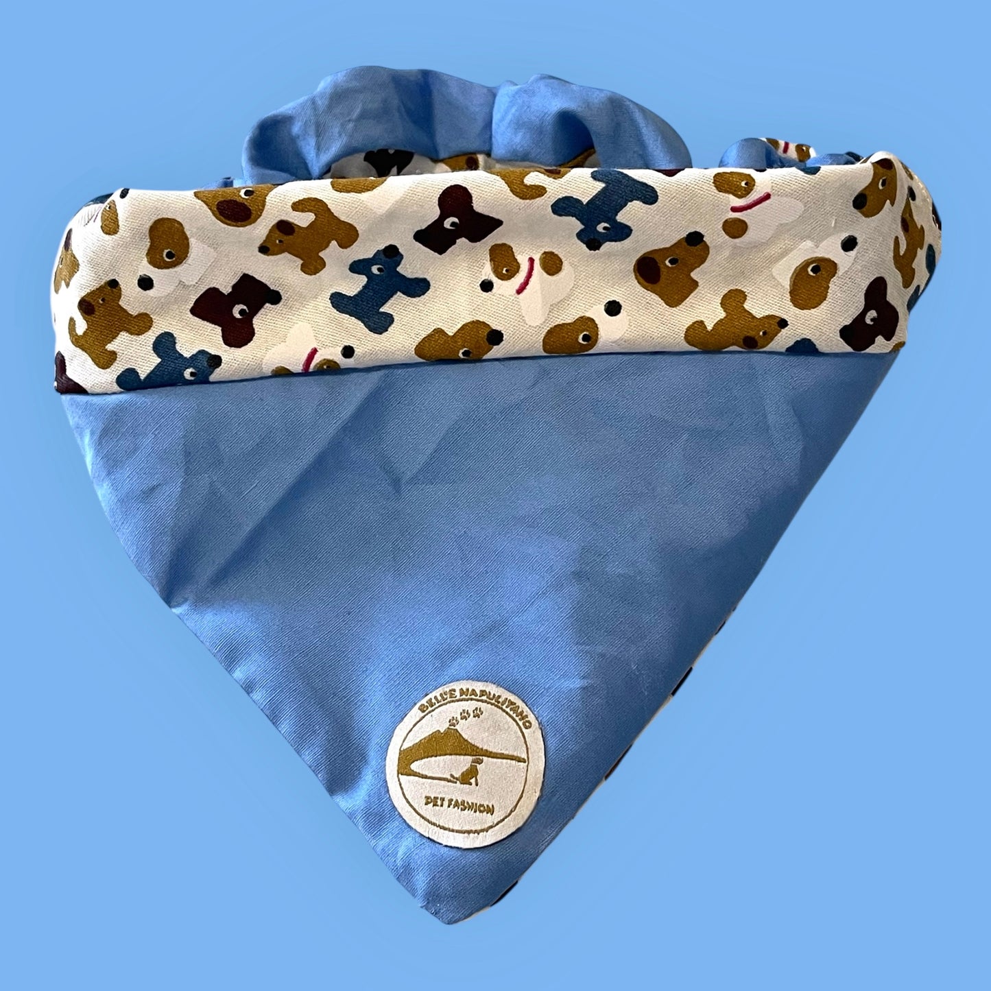 Bandana per Cani azzurra con fantasia di cagnolini multicolor, Double-Face e Personalizzata