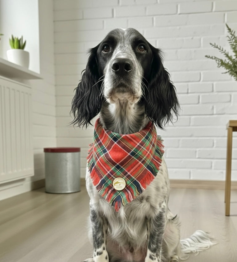 Bandana tartan per cani invernale morbida e calda sfrangiata - (Rosso e verde)