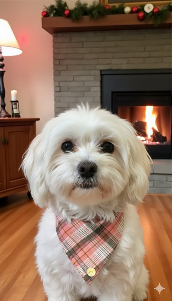 Bandana Cane tartan Invernale Morbida e Calda - Sfrangiata (Rosa/Grigio/Beige)