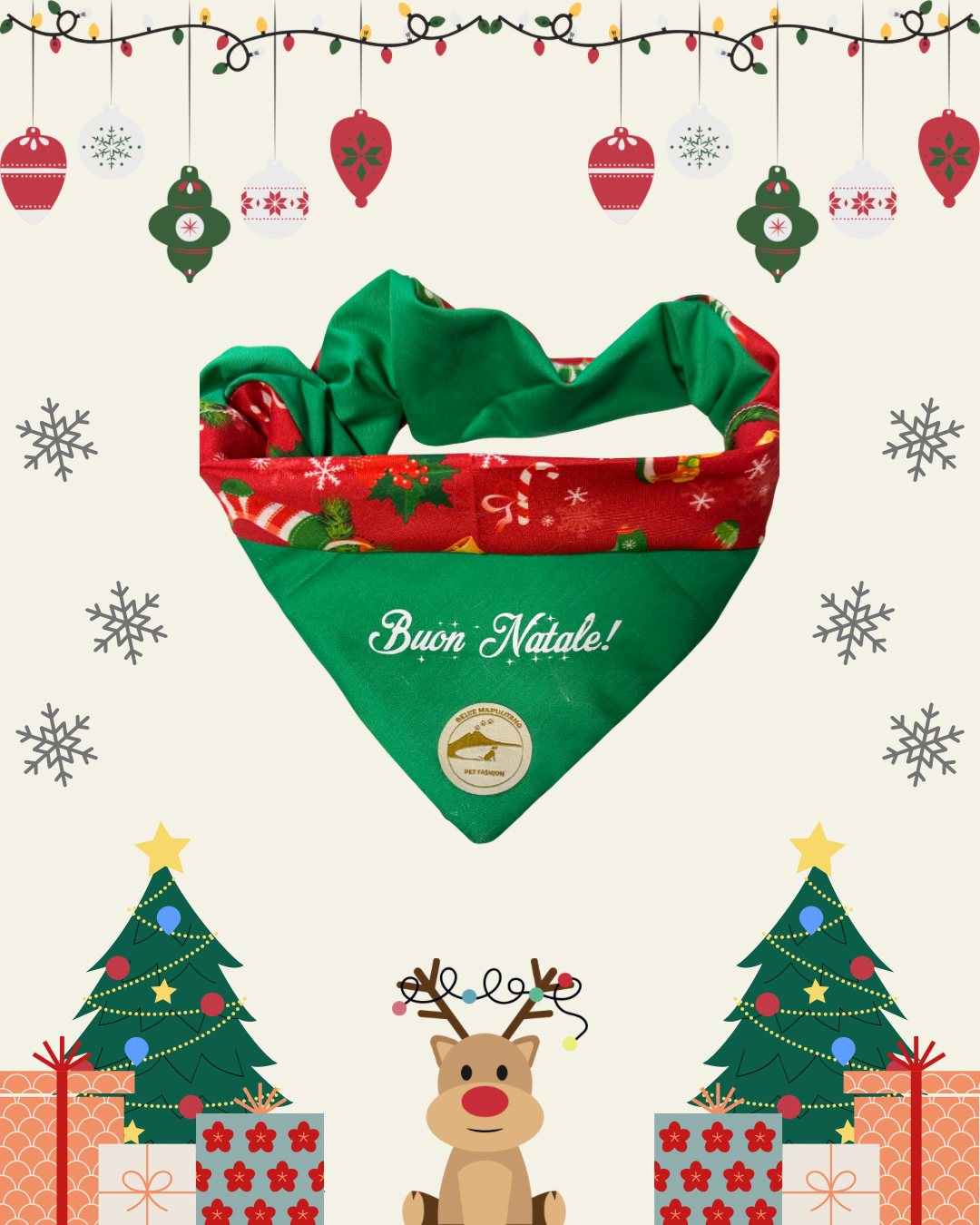 Bandana natalizia sartoriale double-face per cani verde con tessuto fantasia rosso con calze di Natale e scritta “Buon Natale!” stampata