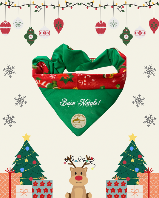 Bandana natalizia sartoriale double-face per cani verde con tessuto fantasia rosso con calze di Natale e scritta “Buon Natale!” stampata