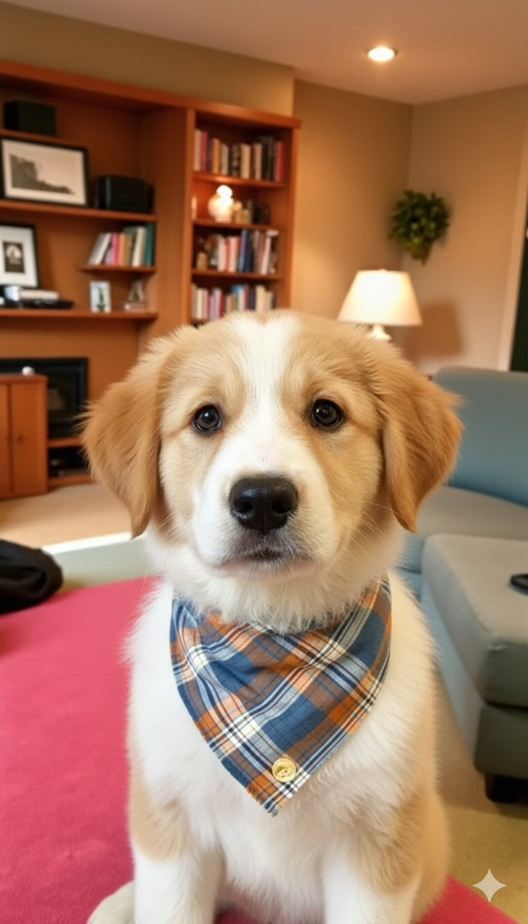 Bandana tartan per cani invernale morbida e calda sfrangiata -(blu, cammello e bianco)