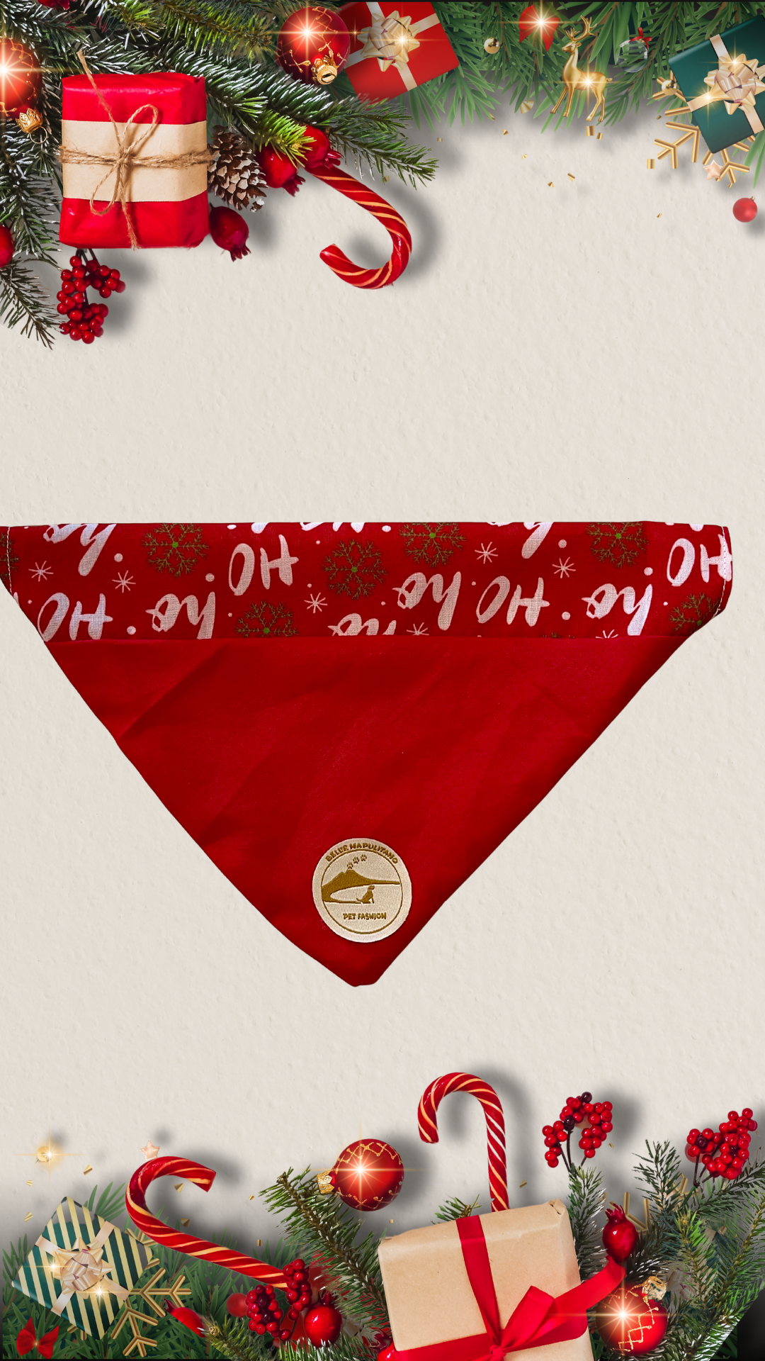 Bandana natalizia sartoriale double-face per cani rossa con tessuto fantasia “Ho ho ho” - Personalizzabile.