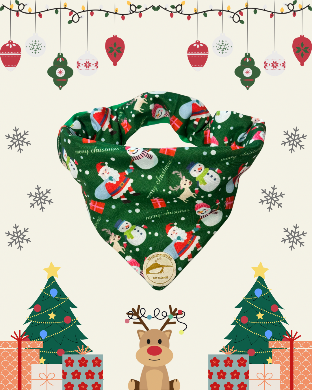 Bandana Natalizia sartoriale double-face per cani verde con tessuto fantasia con Babbi Natale, pupazzi di neve e renne e con scritta “Buon Natale!” stampata