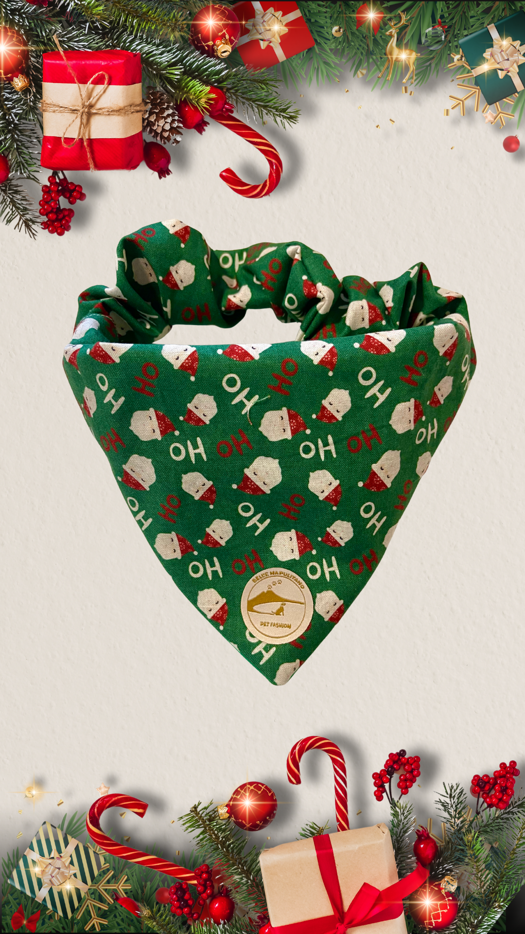 Bandana natalizia sartoriale double-face per cani verde con babbi Natale - Personalizzabile