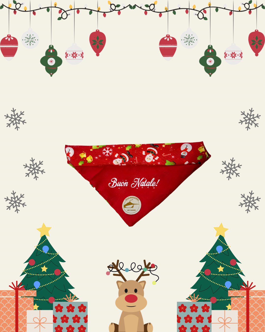 Bandana Natalizia sartoriale double-face rossa per cani e tessuto stampato con Babbi Natale alberi e  pupazzi di neve con scritta “Buon Natale!” stampata