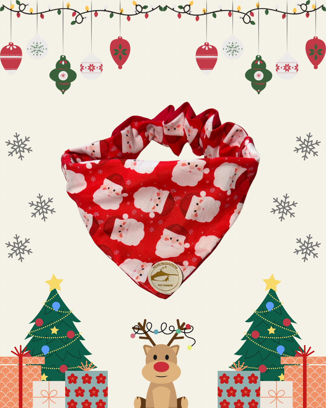 Bandana Natalizia sartoriale double-face per cani rossa e tessuto fantasia rosso con Babbi Natale con scritta “Buon Natale” stampata