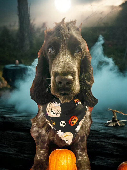 Bandana Halloween per cani nera con zucche, luna e castello