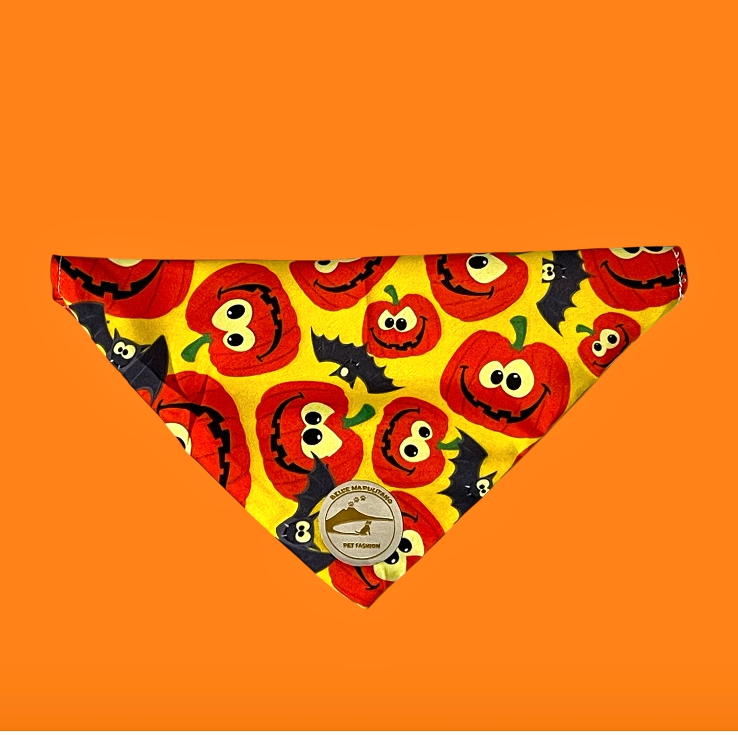 Bandana Cane Double-Face Gialla Halloween: Zucche, Pipistrelli e “Premietto o Scherzetto”