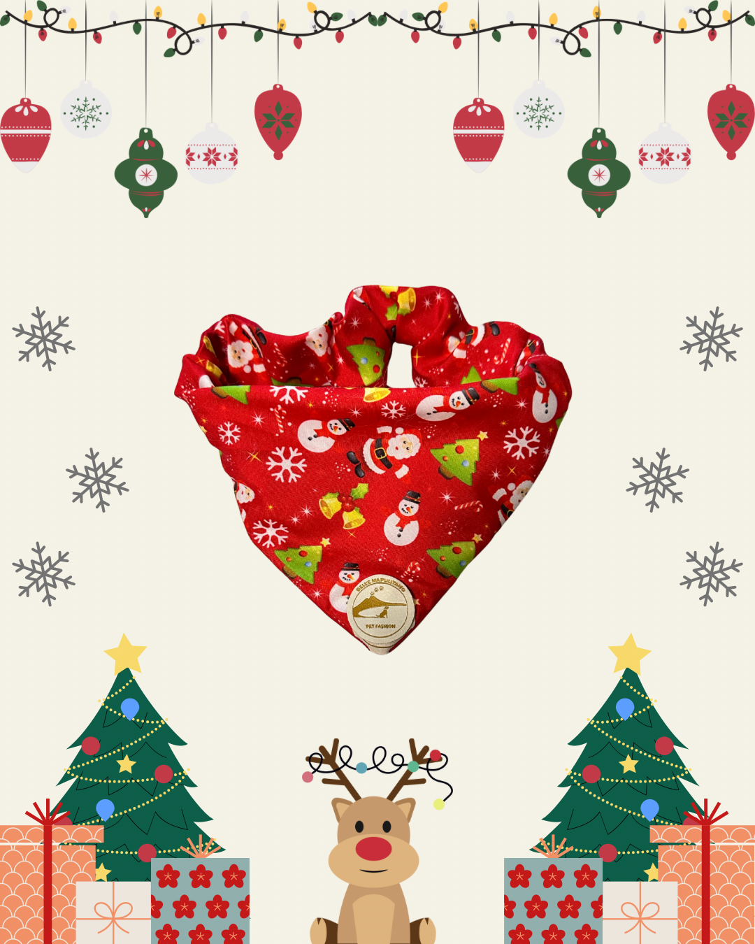 Bandana Natalizia sartoriale double-face rossa per cani e tessuto stampato con Babbi Natale alberi e  pupazzi di neve con scritta “Buon Natale!” stampata