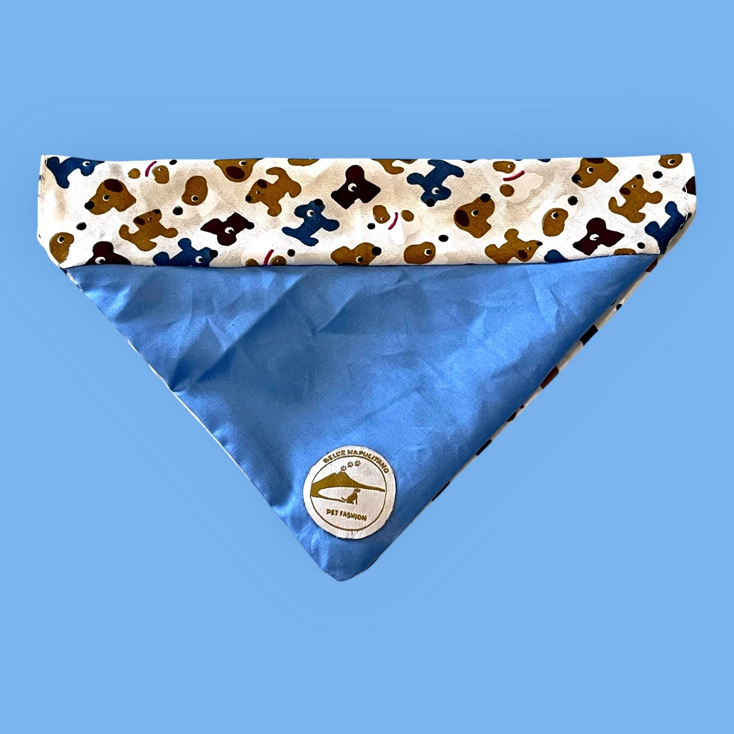 Bandana per Cani azzurra con fantasia di cagnolini multicolor, Double-Face e Personalizzata