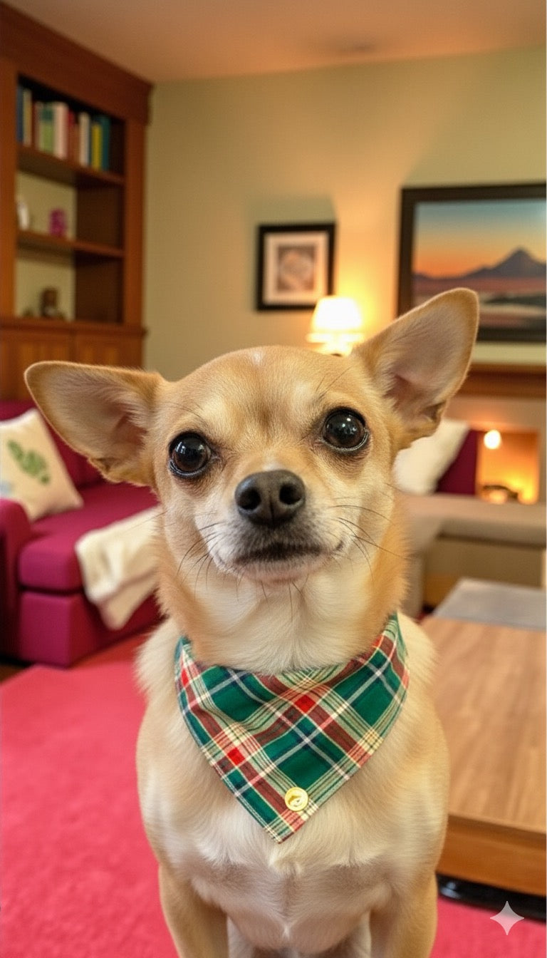 Bandana tartan per cani invernale  morbida e calda sfrangiata - (Verde-bianco-rosso)