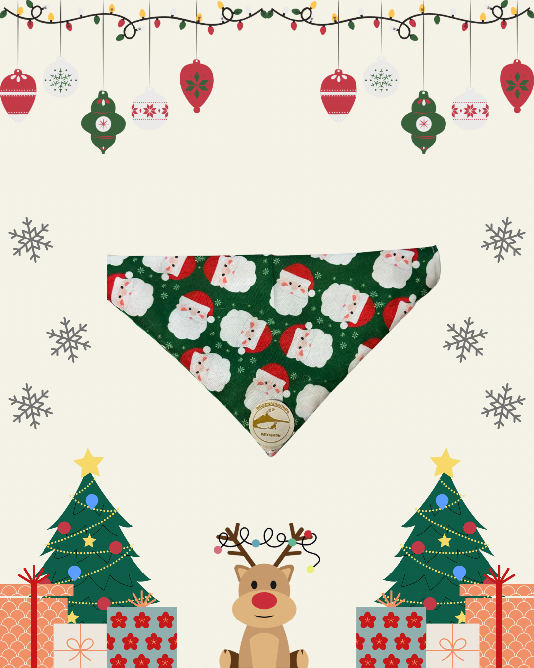 Bandana Natalizia sartoriale double-face per cani verde e tessuto fantasia con Babbi Natale con scritta “Buon Natale!” stampata