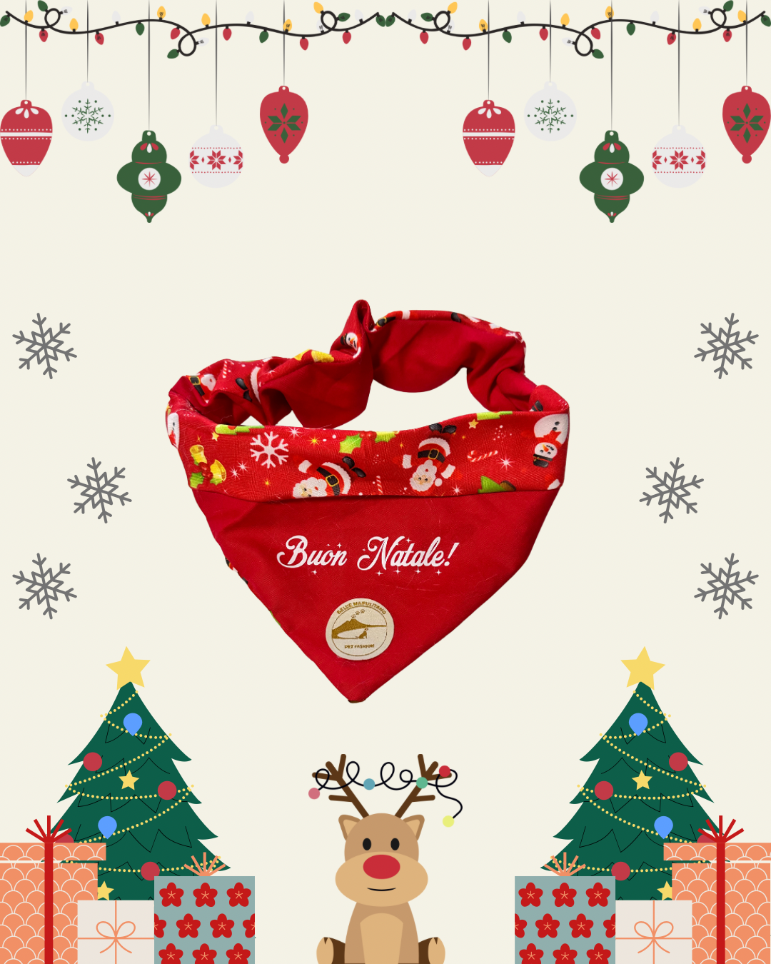 Bandana Natalizia sartoriale double-face rossa per cani e tessuto stampato con Babbi Natale alberi e  pupazzi di neve con scritta “Buon Natale!” stampata