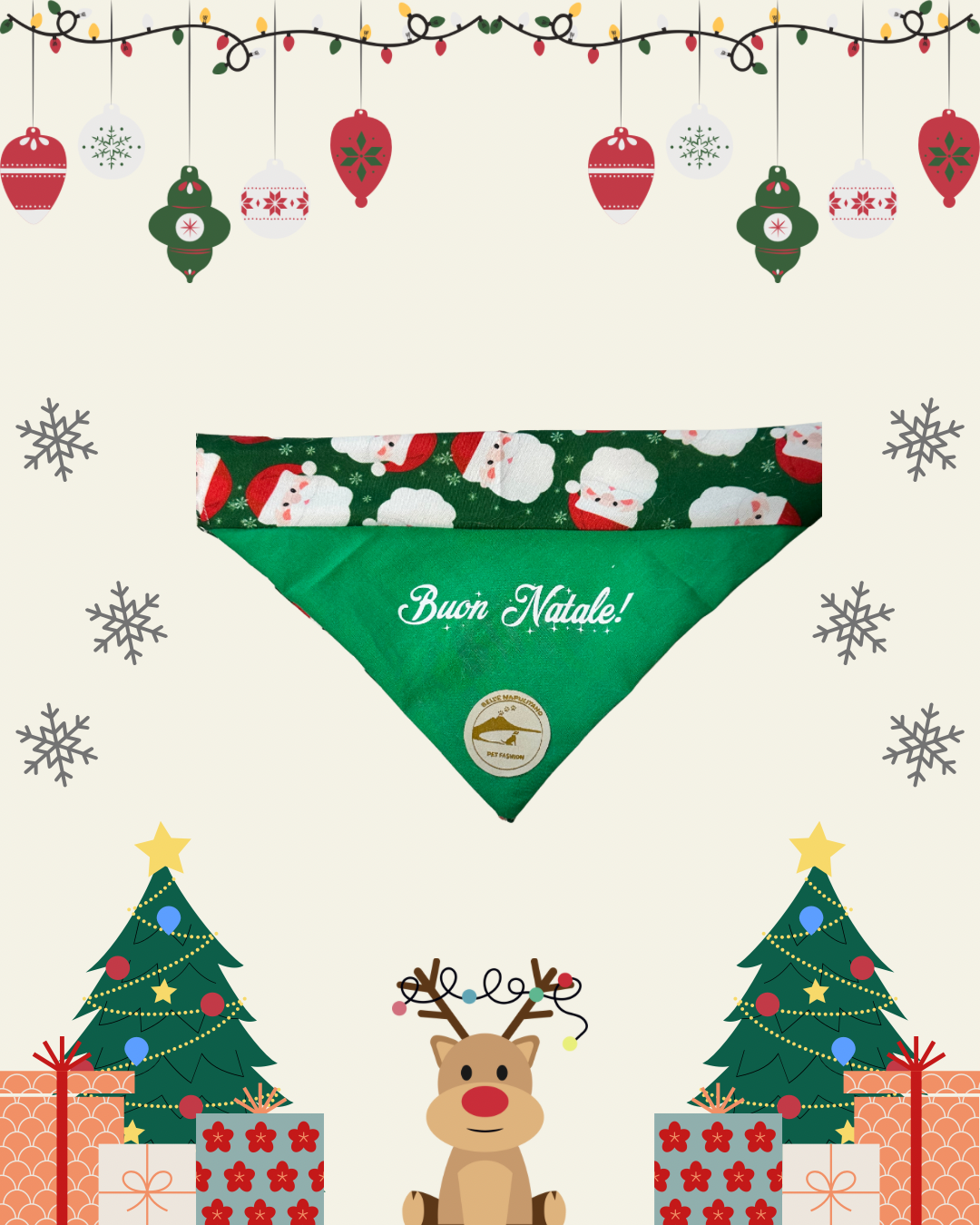 Bandana Natalizia sartoriale double-face per cani verde e tessuto fantasia con Babbi Natale con scritta “Buon Natale!” stampata