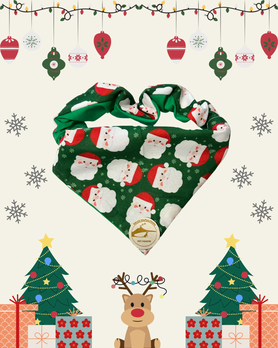 Bandana Natalizia sartoriale double-face per cani verde e tessuto fantasia con Babbi Natale con scritta “Buon Natale!” stampata