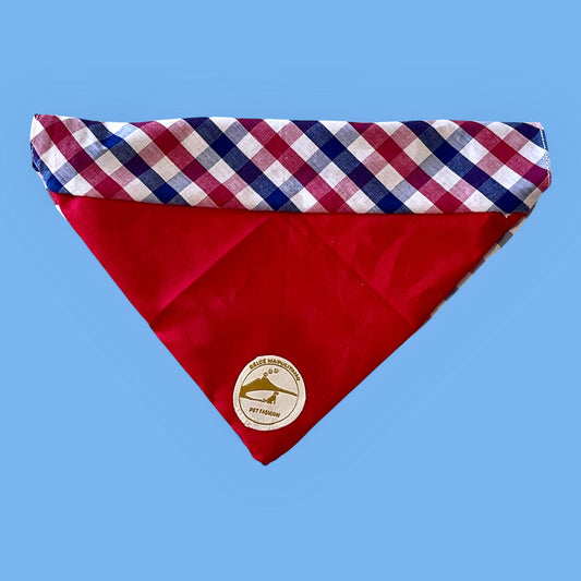 Bandana per Cani rossa a Quadretti bianco, rosso e blu Double-Face e Personalizzata