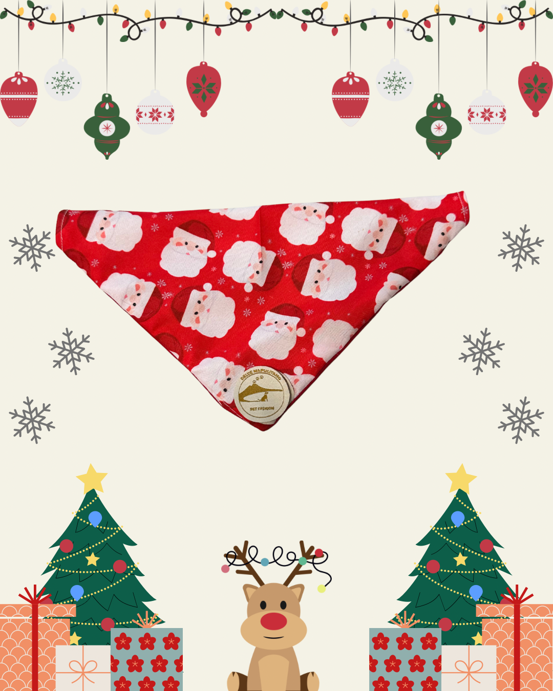 Bandana Natalizia sartoriale double-face per cani rossa e tessuto fantasia rosso con Babbi Natale con scritta “Buon Natale” stampata