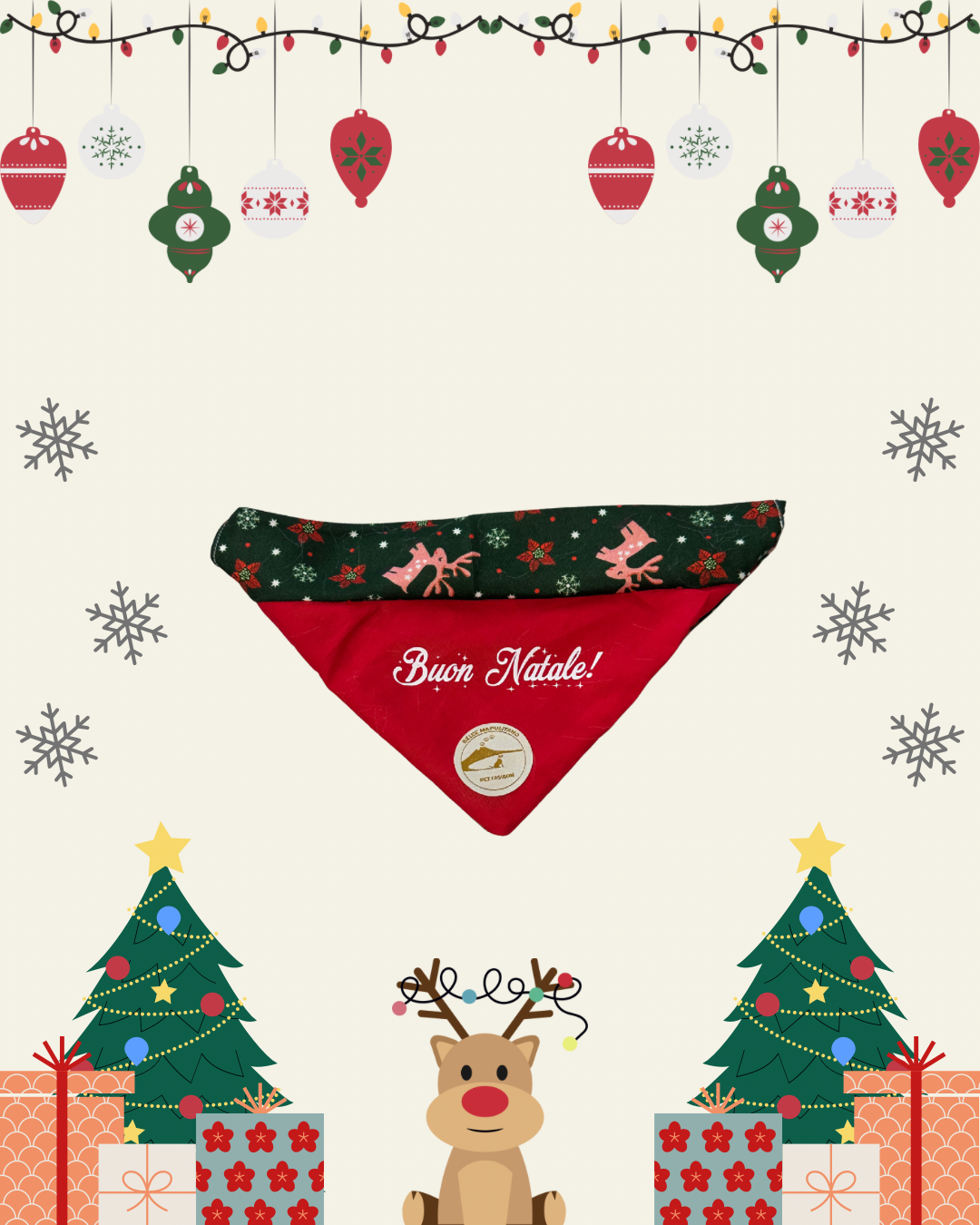 Bandana Natalizia sartoriale double-face per cani rossa e tessuto fantasia verde con renne con scritta “Buon Natale!” stampata