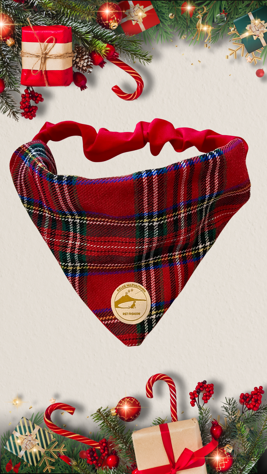Bandana natalizia sartoriale double-face per cani in tessuto Tartan - Personalizzabile