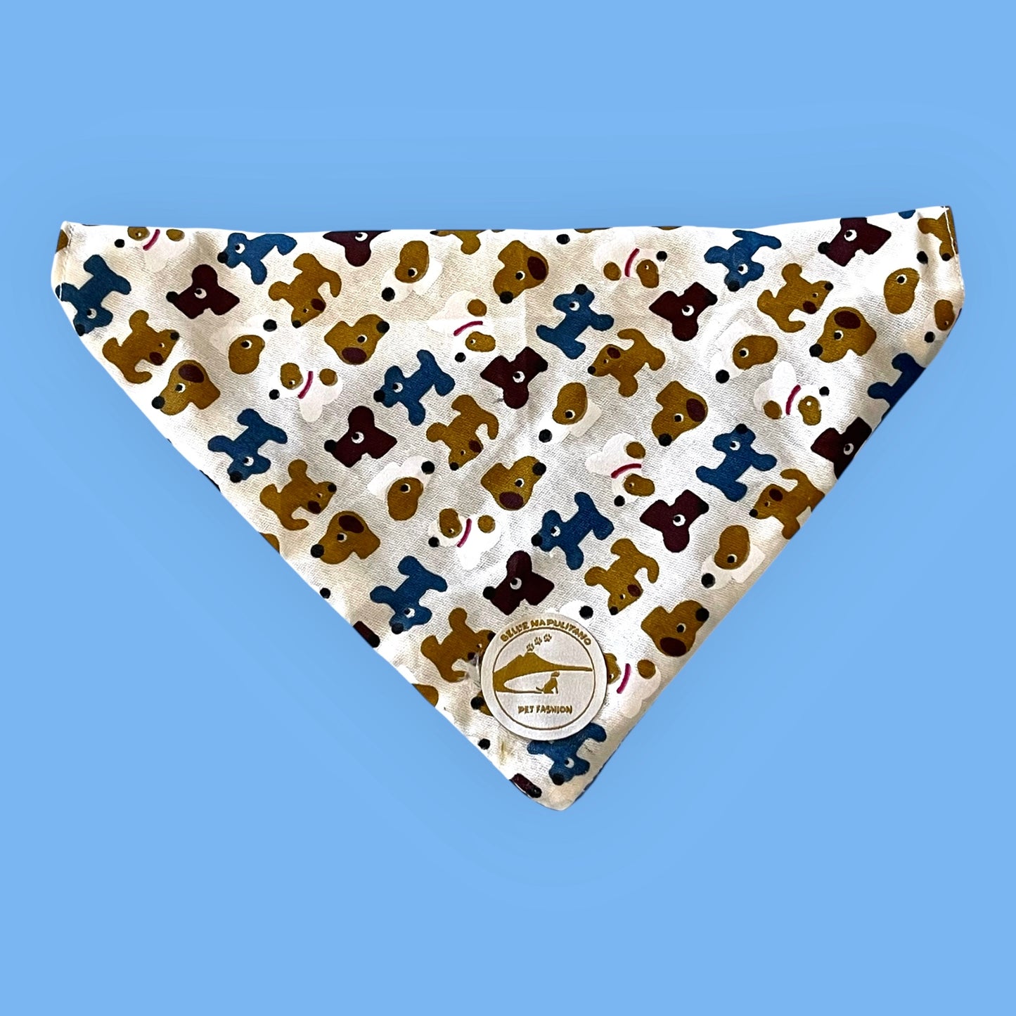 Bandana per Cani azzurra con fantasia di cagnolini multicolor, Double-Face e Personalizzata