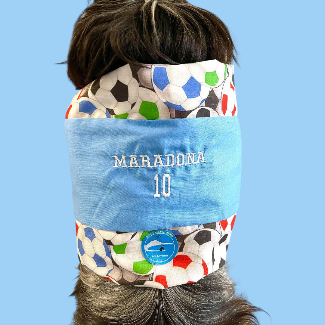 Snood sartoriale double-face per cocker con scritta ricamata “Maradona 10”