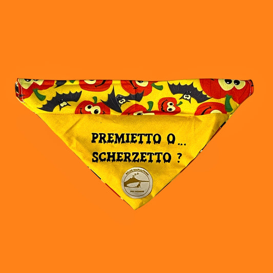 Bandana Cane Double-Face Gialla Halloween: Zucche, Pipistrelli e “Premietto o Scherzetto”