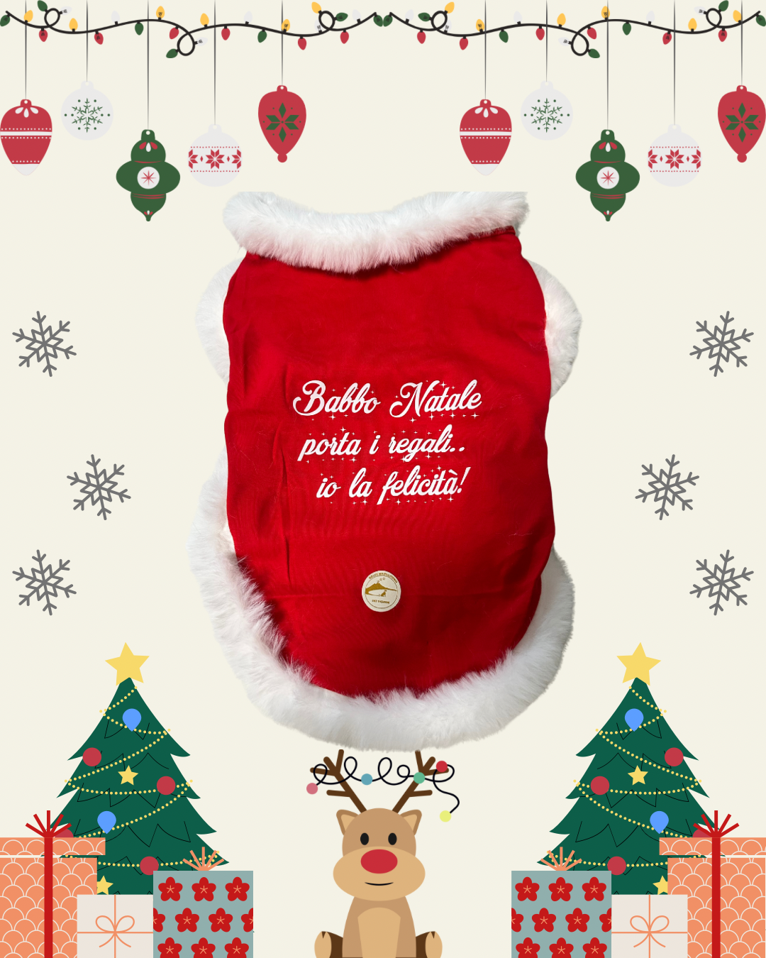 Maglia Natalizia stile Babbo Natale con scritta stampata: “ Babbo Natale porta i regali io.. la felicità!”