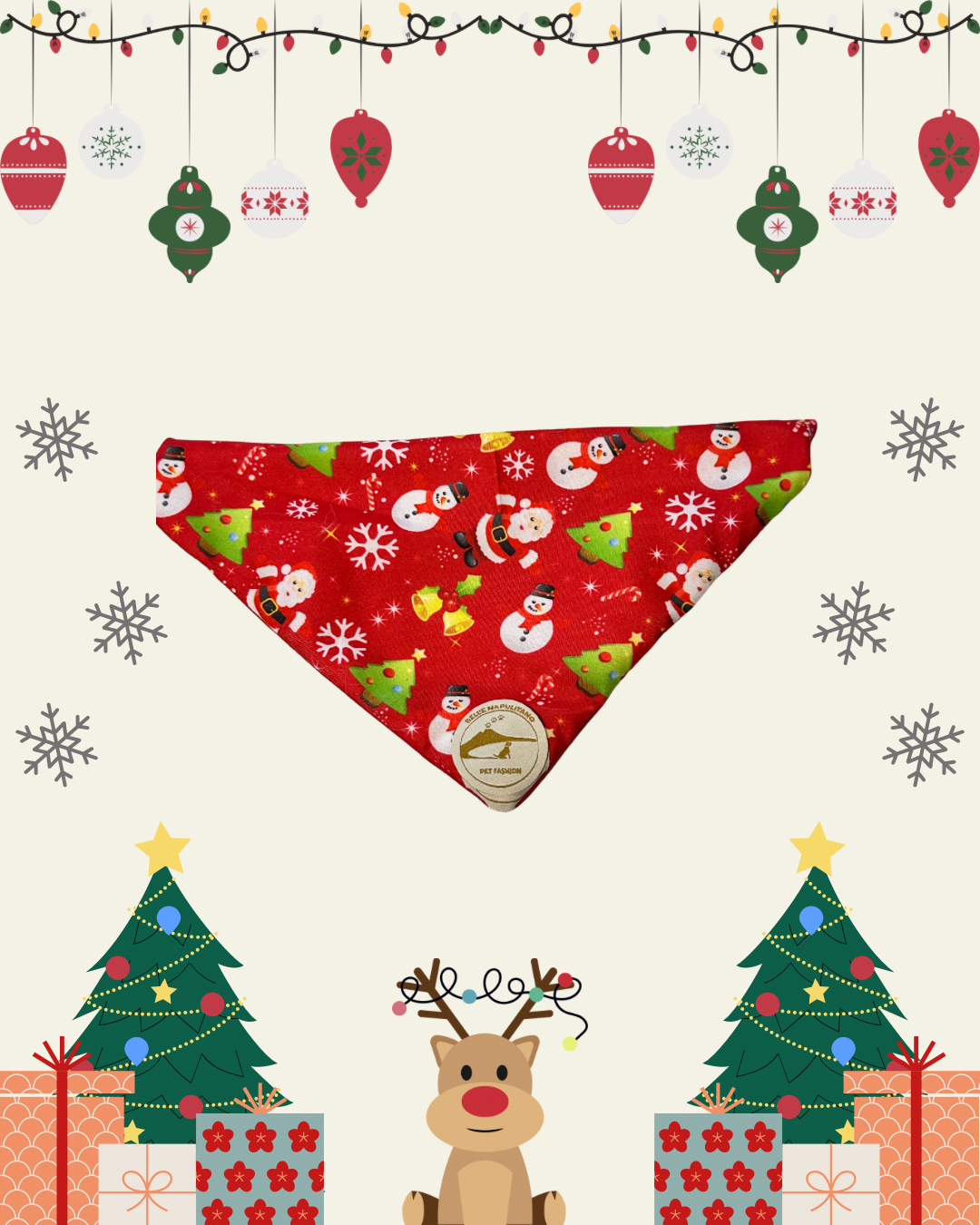 Bandana Natalizia sartoriale double-face rossa per cani e tessuto stampato con Babbi Natale alberi e  pupazzi di neve con scritta “Buon Natale!” stampata