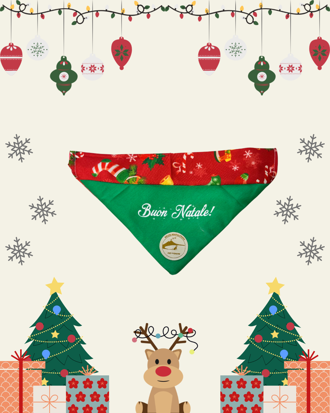 Bandana natalizia sartoriale double-face per cani verde con tessuto fantasia rosso con calze di Natale e scritta “Buon Natale!” stampata