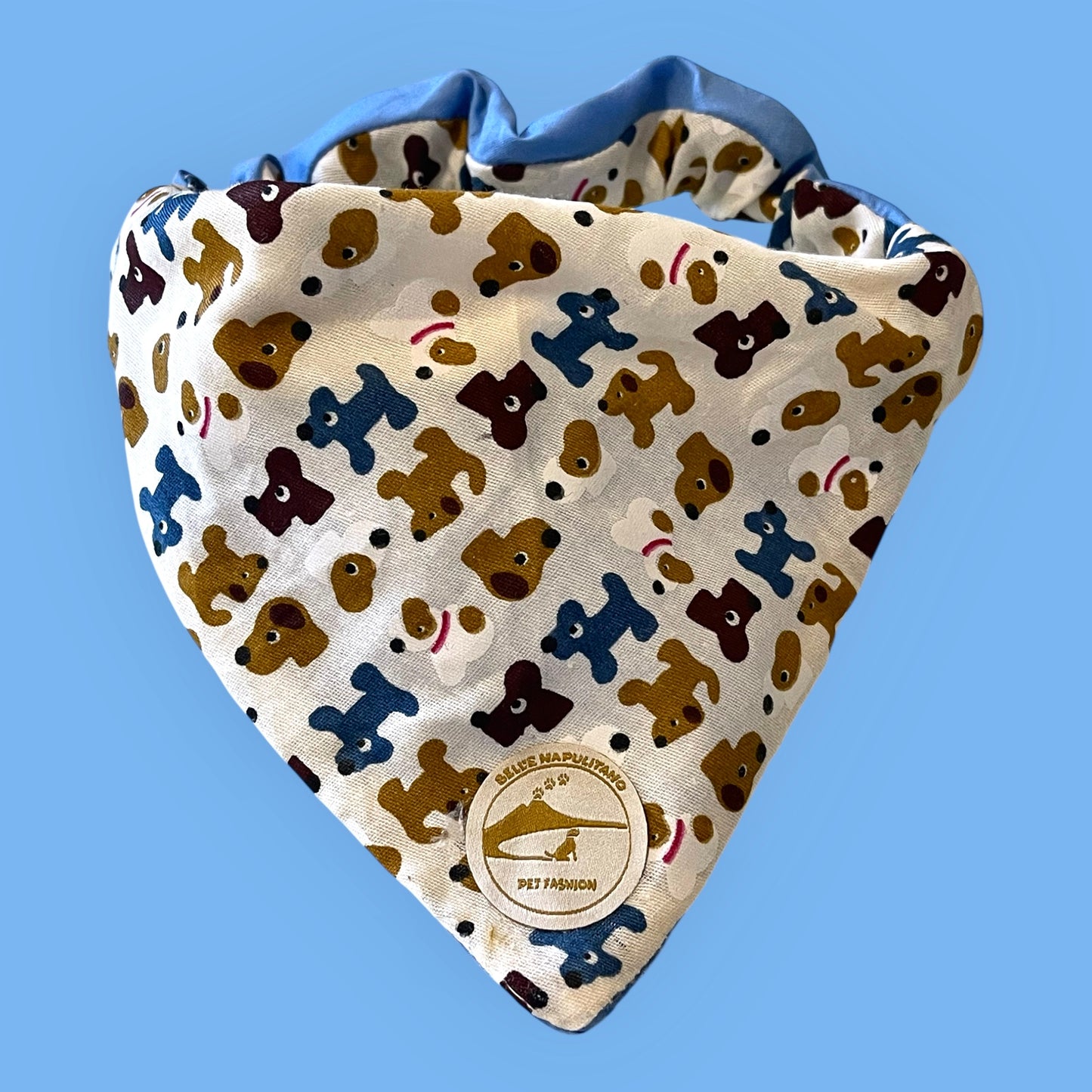Bandana per Cani azzurra con fantasia di cagnolini multicolor, Double-Face e Personalizzata