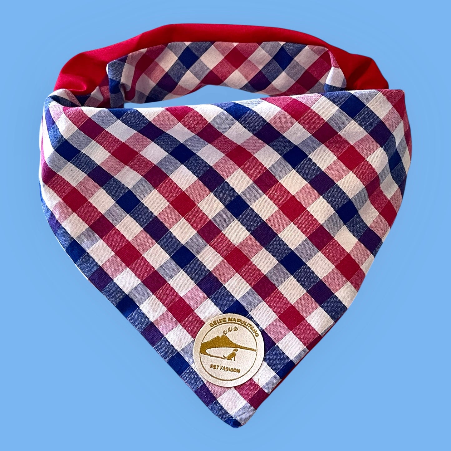 Bandana per Cani rossa a Quadretti bianco, rosso e blu Double-Face e Personalizzata